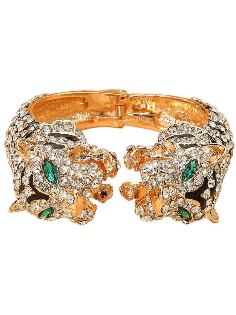 Tigerstars Gold Rhinestone Pave Double Tiger Head Hinged Cuff Bracelet